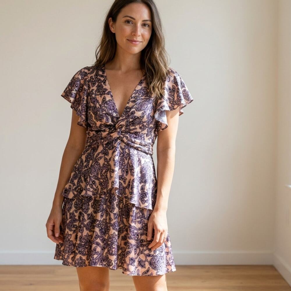 A.L.C. Viera Pink/Purple Floral Print Twist-Front Silk Mini Dress, size 0